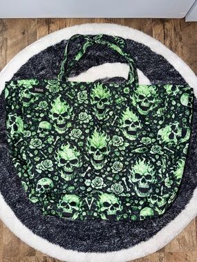 Asylum Green Flaming Skull Tote Bag